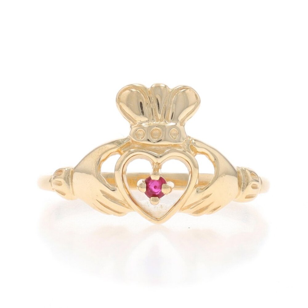 Yellow Gold Ruby Solitaire Claddagh Ring - 14k Ro… - image 1
